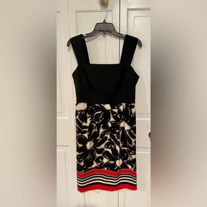 SUITE 7 Dress Black straight sleeveless red cream and tan design size 8